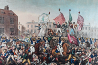  Manchester and Cheshire Yeomanry Cavalry, this plate is dedicated by their fellow labourer, Richard Carlile:[1] a coloured engraving that depicts the Peterloo Massacre 
