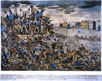 Dreadful Scene at Manchester Meeting of Reformers 16 August 1819. This print was published by J. Evans and Sons, 42 Long Lane West, Smithfield on 27 August 1819.