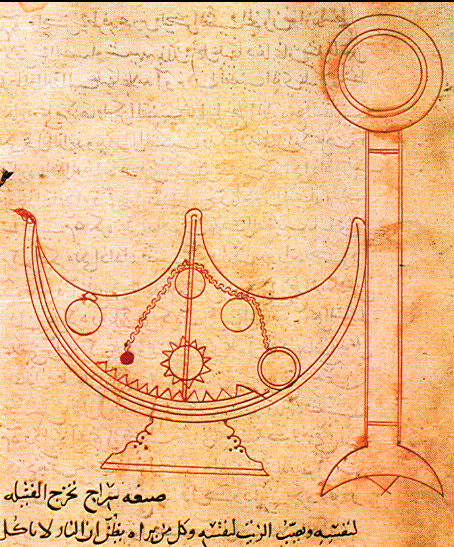 Self-trimming lamp discussed in the reatise on Mechanical Devices of Ahmad ibn Musa ibn Shakir.  "Granger Collection," New York.