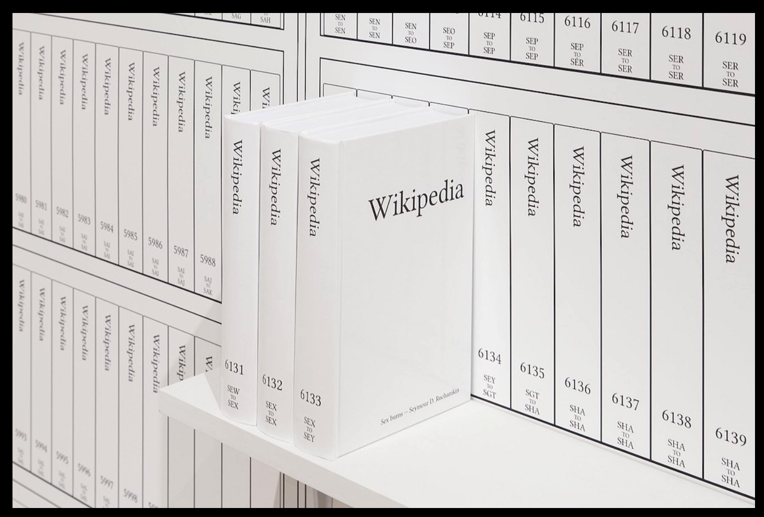 Volumes of the Print Wikipedia set of 106 700-page printed books.