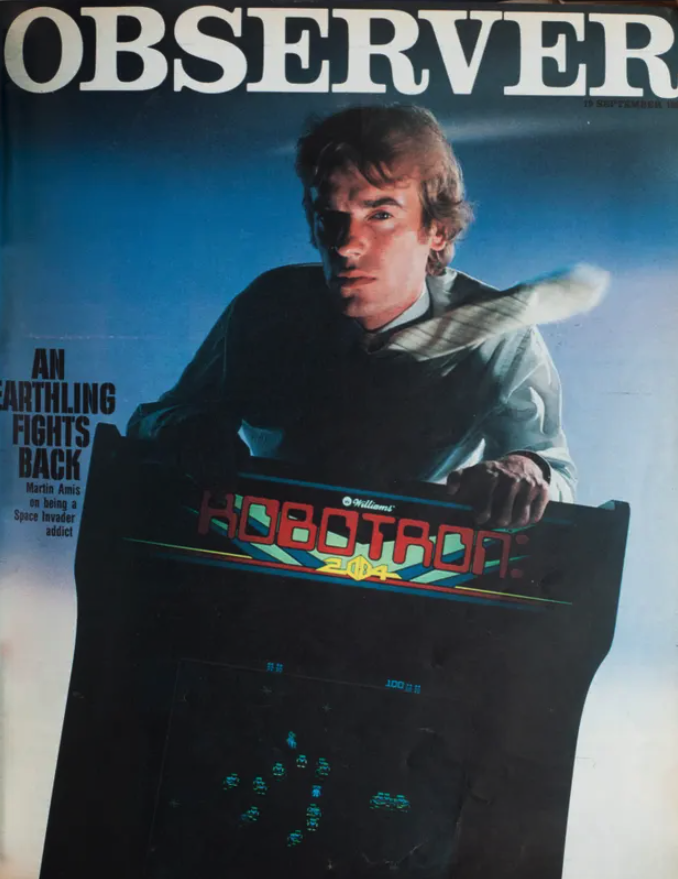 19 September 1982 cover of the Observer Magazine featuring Martin Amis and his book on The Invasion of the Space Invaders.