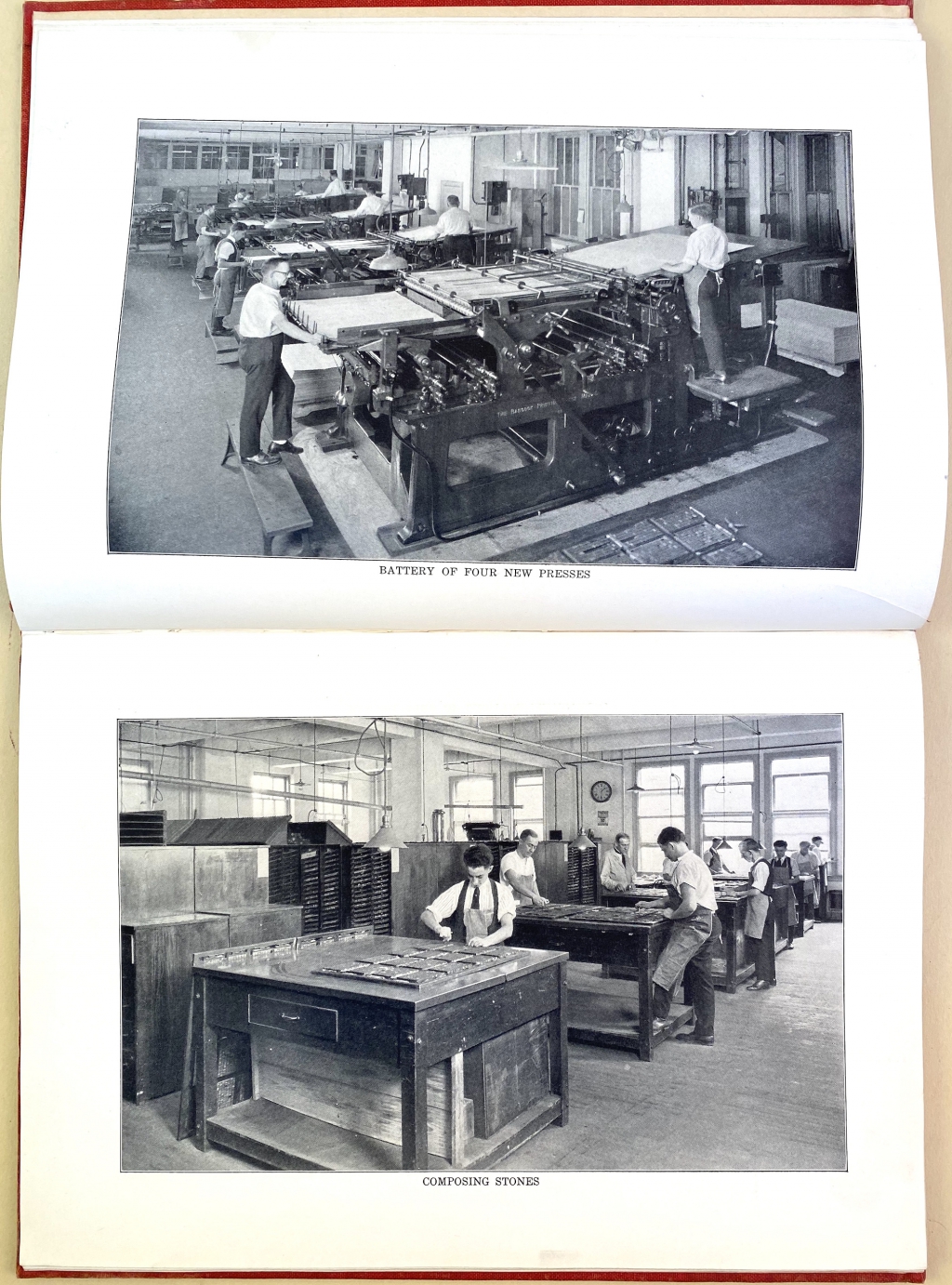 Upper page: Battery of Four New Presses; Lower page: Composing Stones. In the foreground a printer appears to be working out the imposition of stereotype plates.