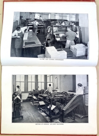 Upper page: Gluing and Cutting Department: Lower page: Section of Bindery (Folding Machines). Images of workers doing machine binding tend to be much more difficult to find than images of pri
