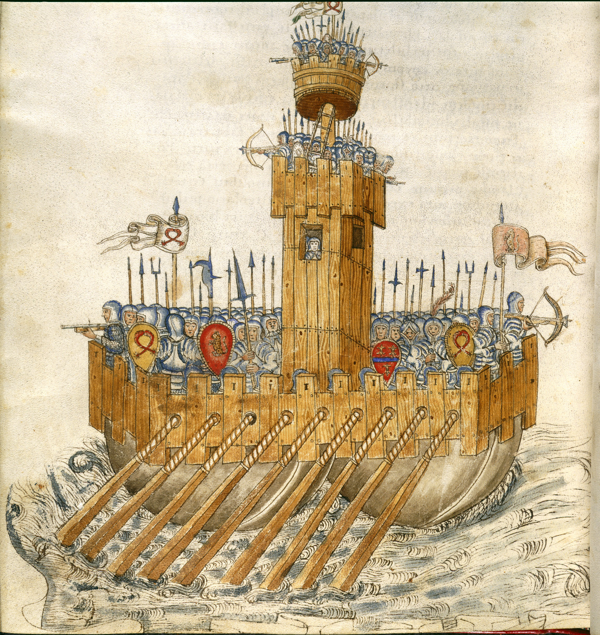Ship with armed soldiers   De re militari (15th C), f.231v   BL Add MS 24945