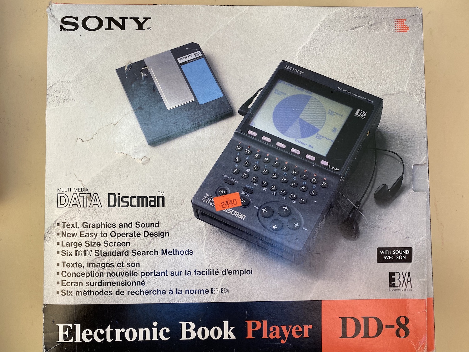 The upper cover of the original box for the Sony Data Discman DD-8 prominently marketed the device as an "Electronic Book Player."
