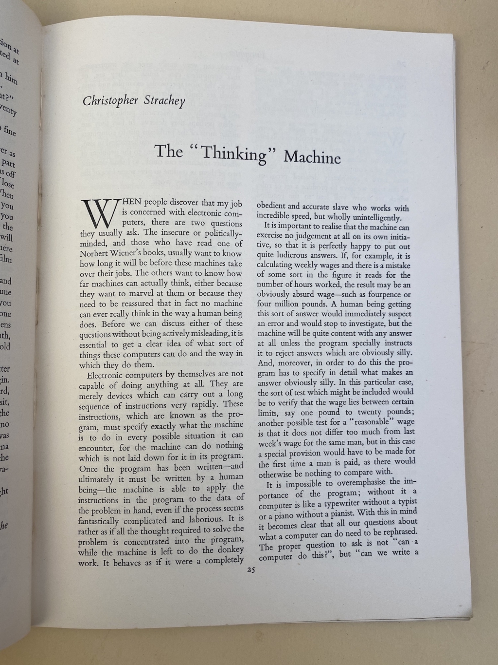 first page of Strachey's The Thinking Machine