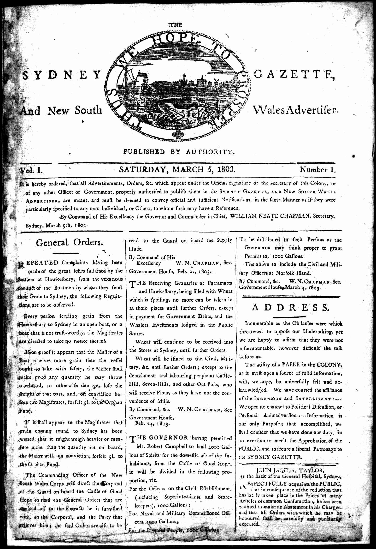 The Sydney gazette and New South Wales advertiser first issue 5 March 1803