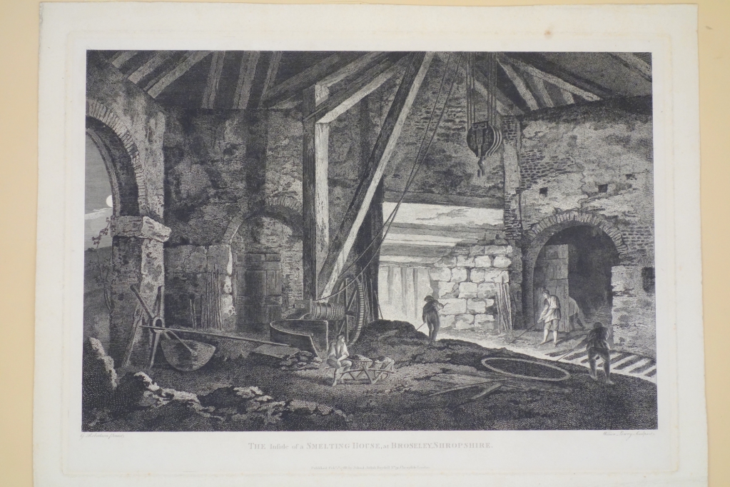 The Inside of  SMELTING HOUSE, at BROSLEY, SHROPSHIRE. Engraved by Wilson Lowry after George Robertson (1788)