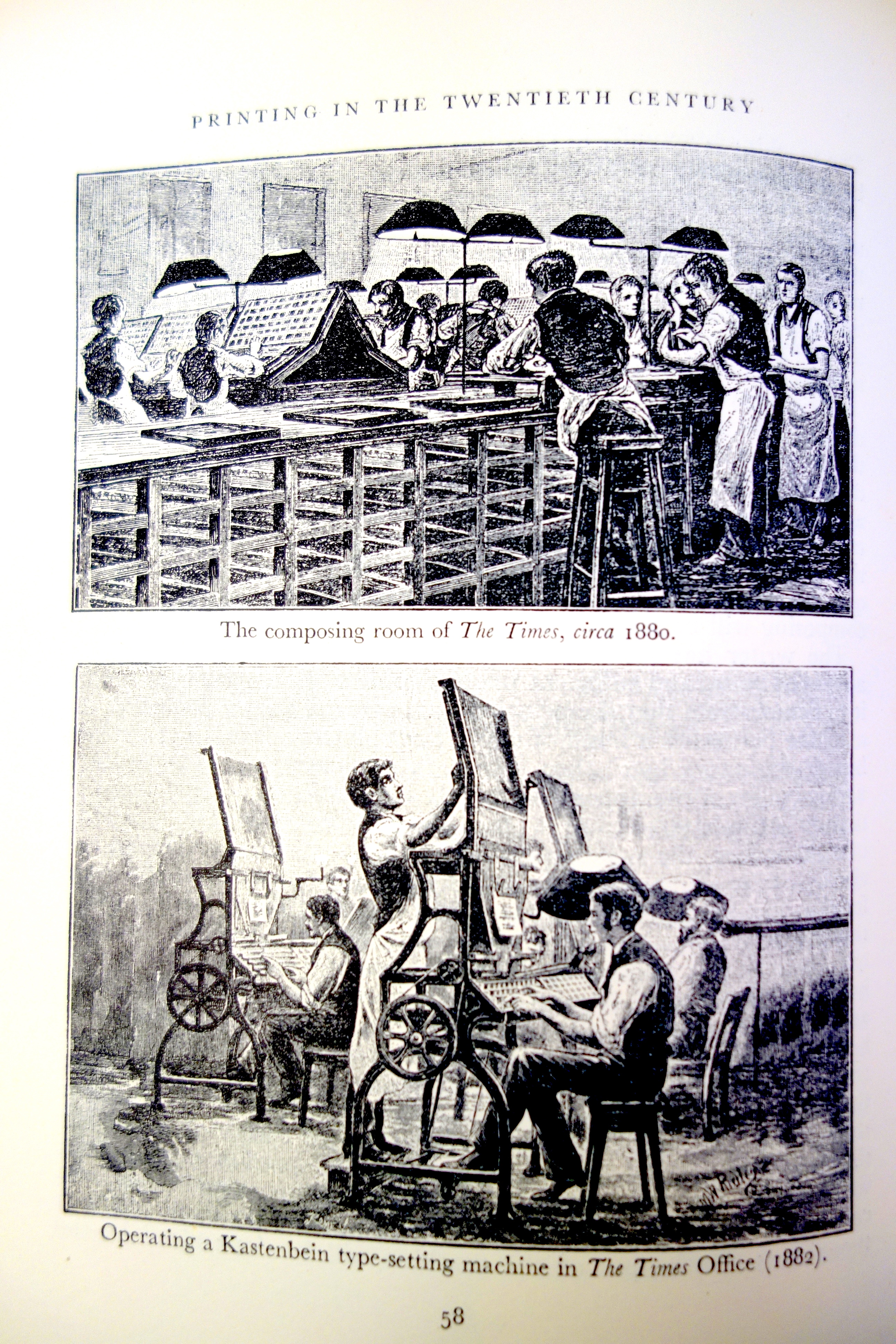 Times of London composing room c. 1880 with machine setting and hand-setting of type