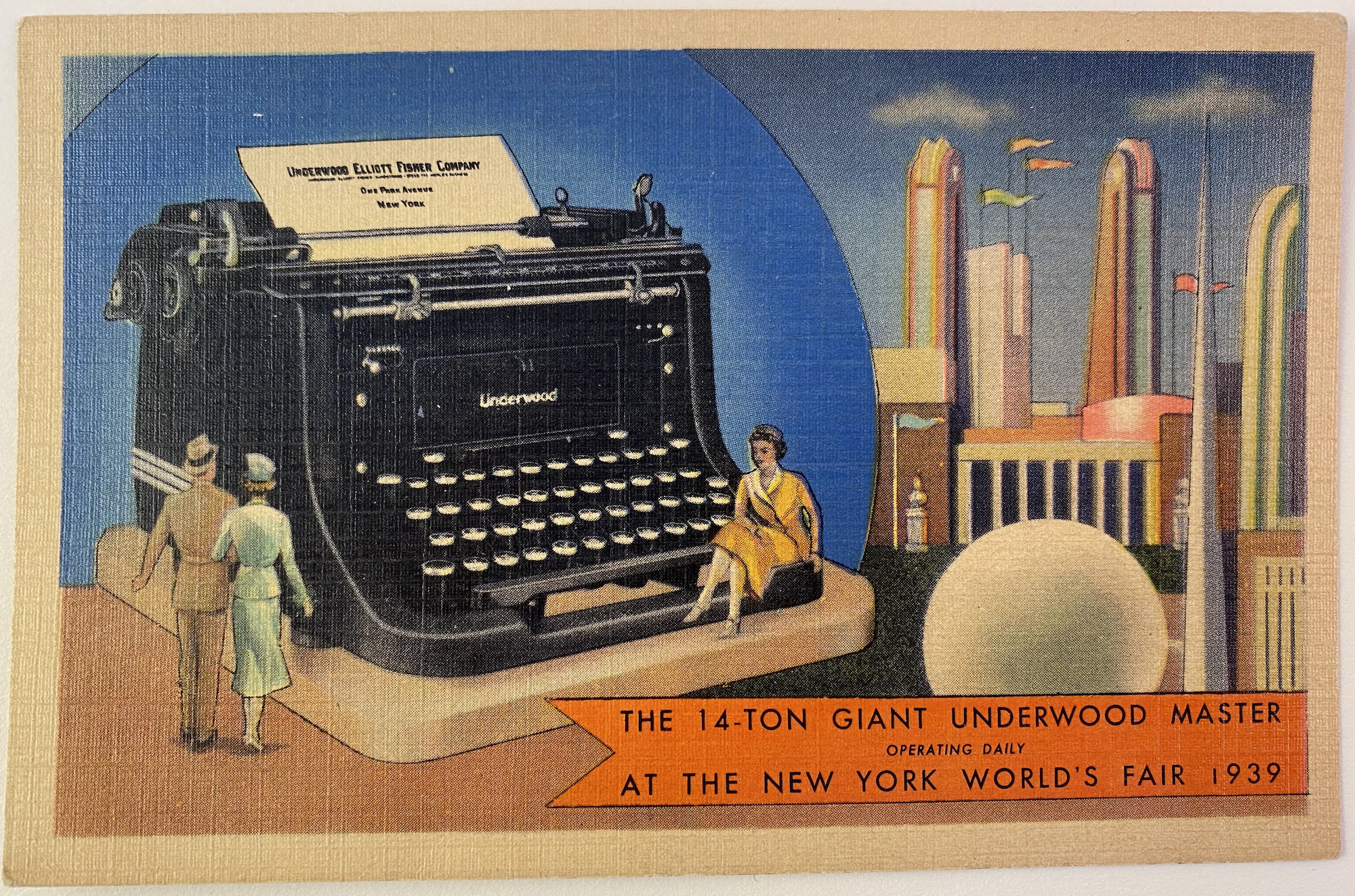 postcard showing the modernized version of the giant Underwood typewriter exhibited at the New York World's Fair in 1939.