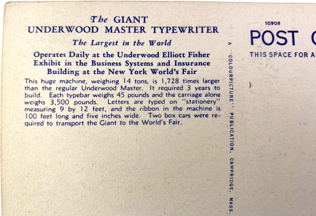 Back of Underwood Giant Typewriter postcard with specifications of the huge machine.