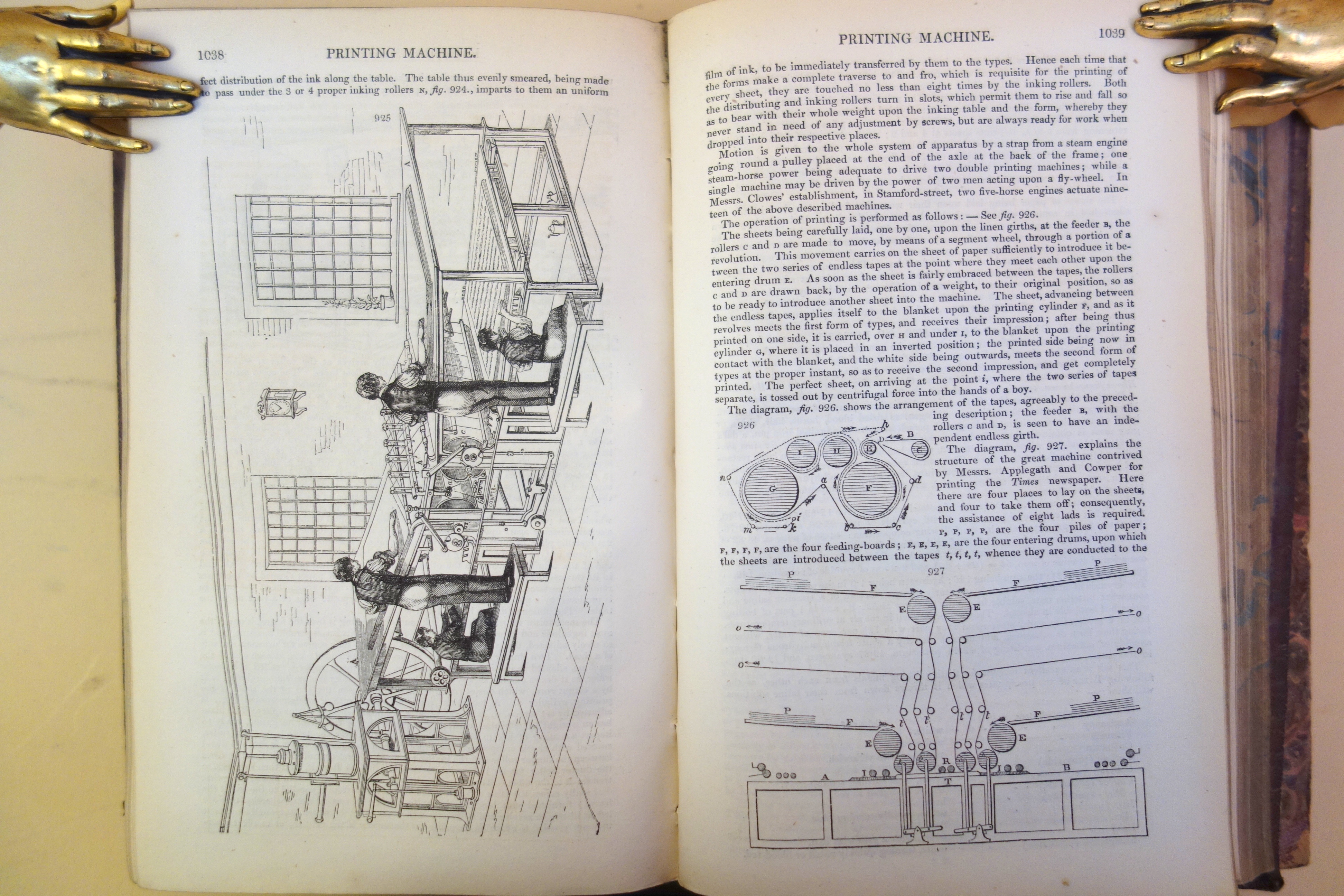 Ure's image of a double-cylinder machine driven by a Maudslay table steam engine was probably reproduced from Timperley's book issued the same year. 