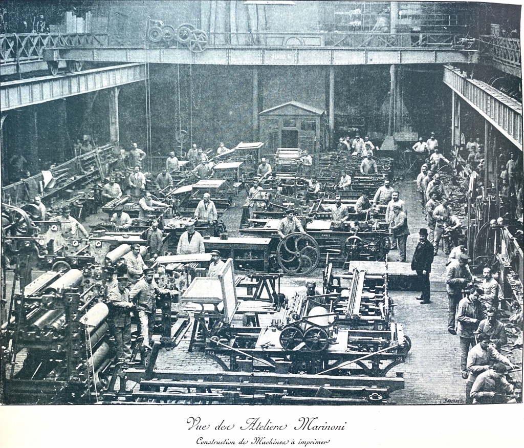 Assembly of printing machines at the Marinoni factory. Most of the work appears to have been done by hand.