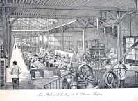 In this drawing of the large scale bindery operated by Librairie Masson the machines visible are mainly the stam engine in the near foreground and a powerful guillotine for trimming pages fai