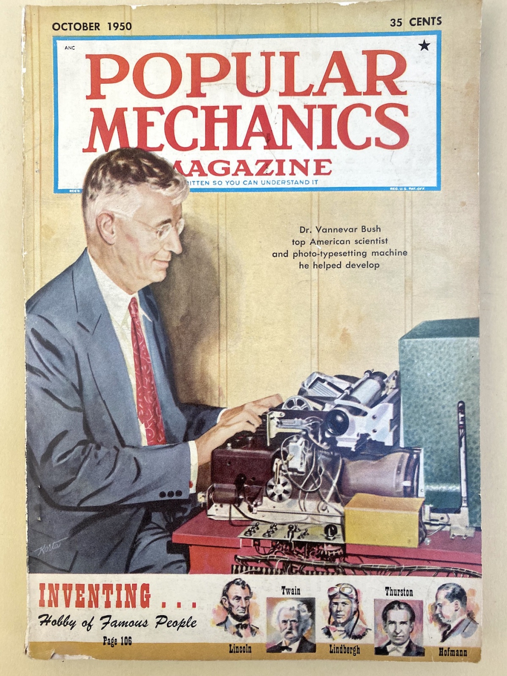 Vannevar Bush working with Samuel Caldwell's computer on cover of Popular Mechanics