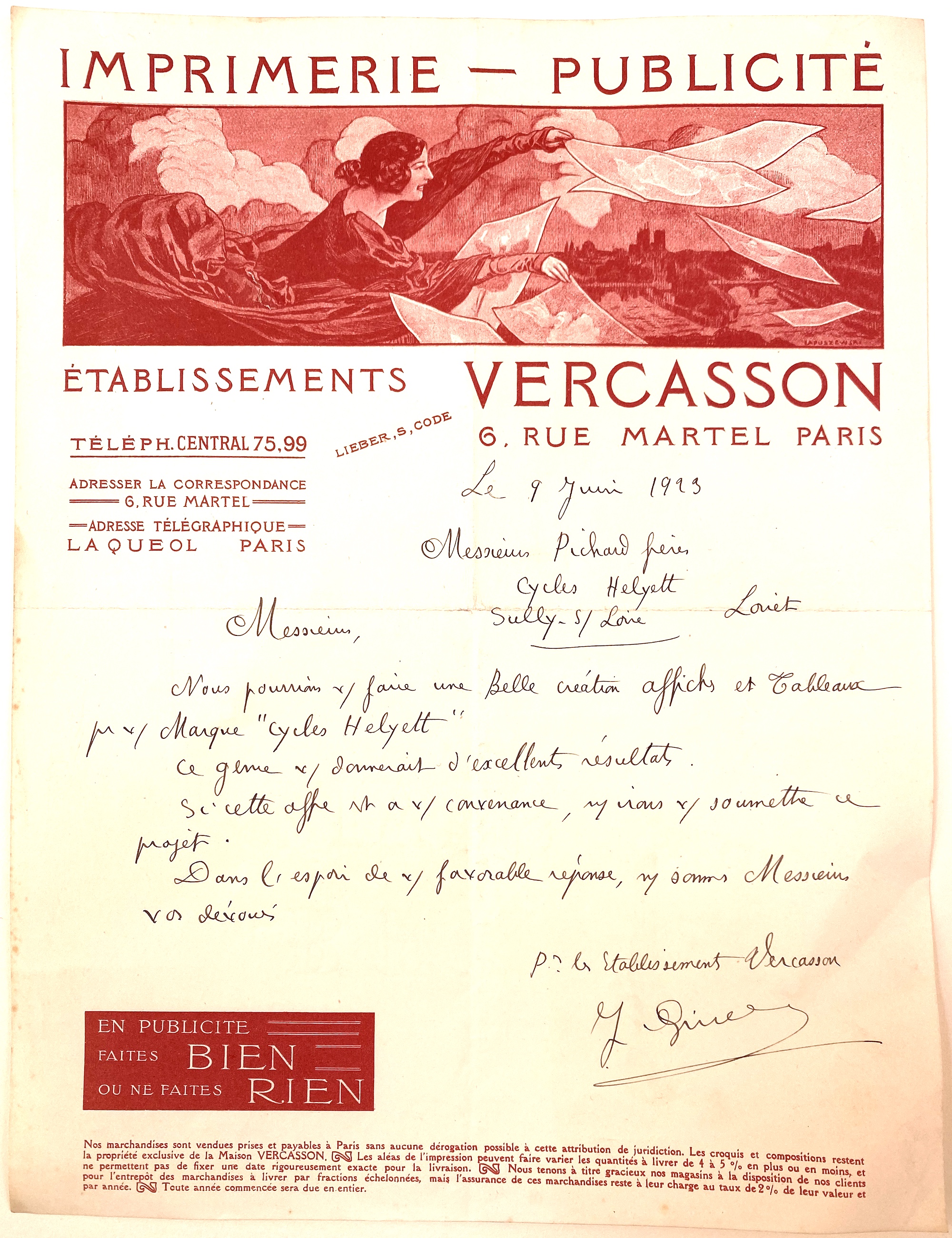 Spectacular letterhead from the Vercasson company showing a woman distributing posters to the four winds.