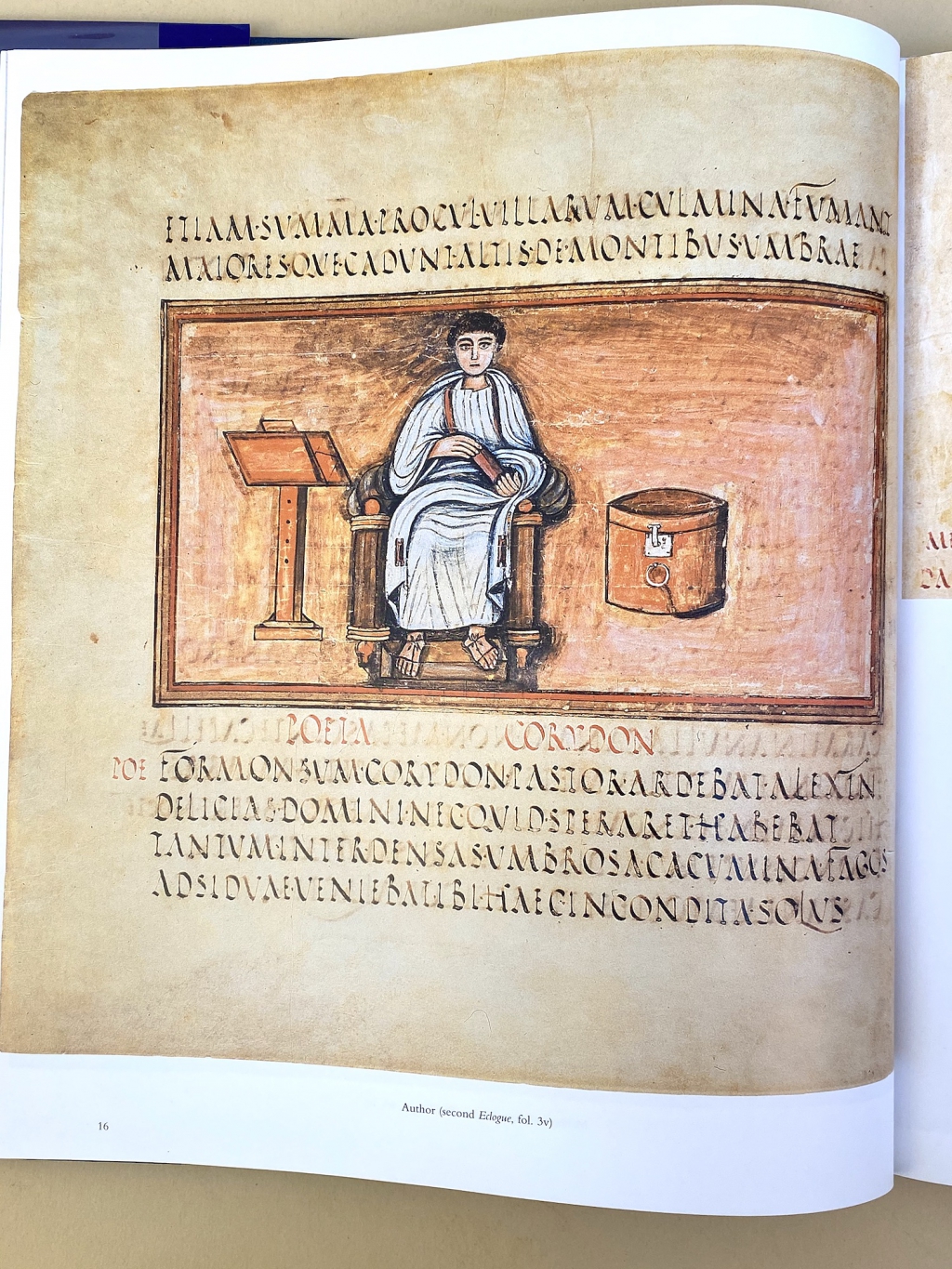 Portrait of Vergil holding a papyrus roll, to the left of a locked scrinium or case for holding papyrus rolls.