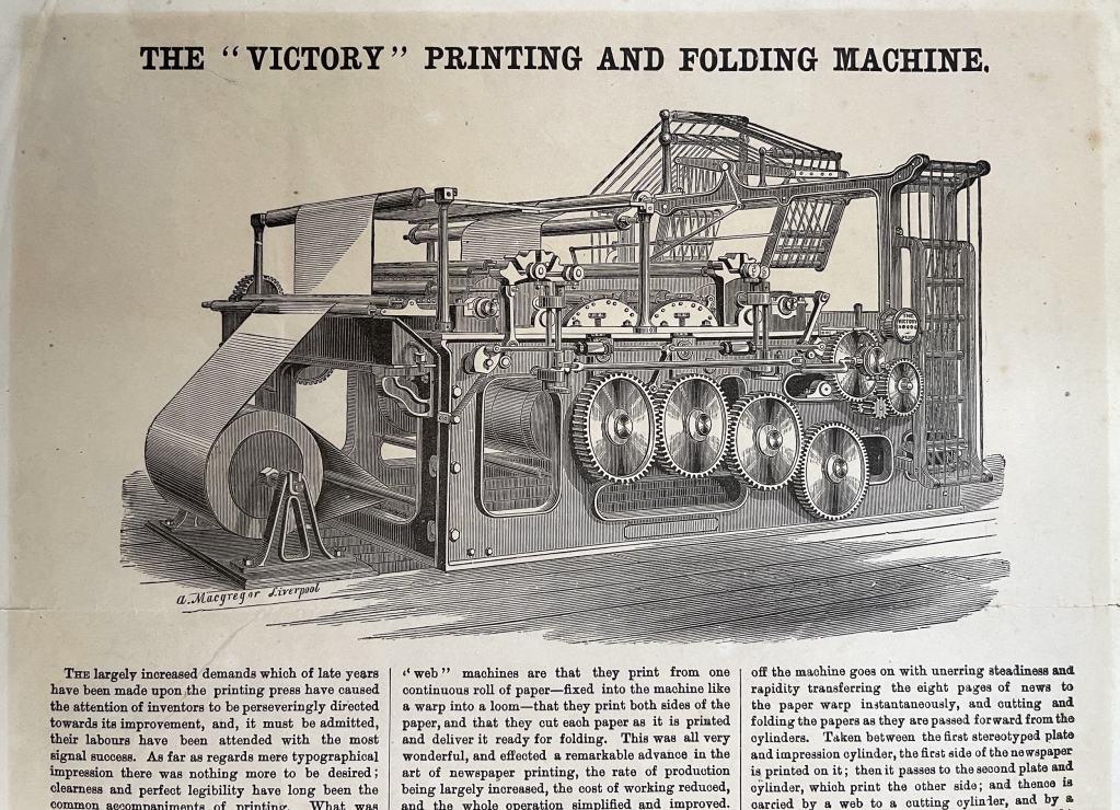 The "Victory" Printing and Folding Machine as advertised in the broadside issued in celebration of its acquisition by the Bradford Observer newspaper.