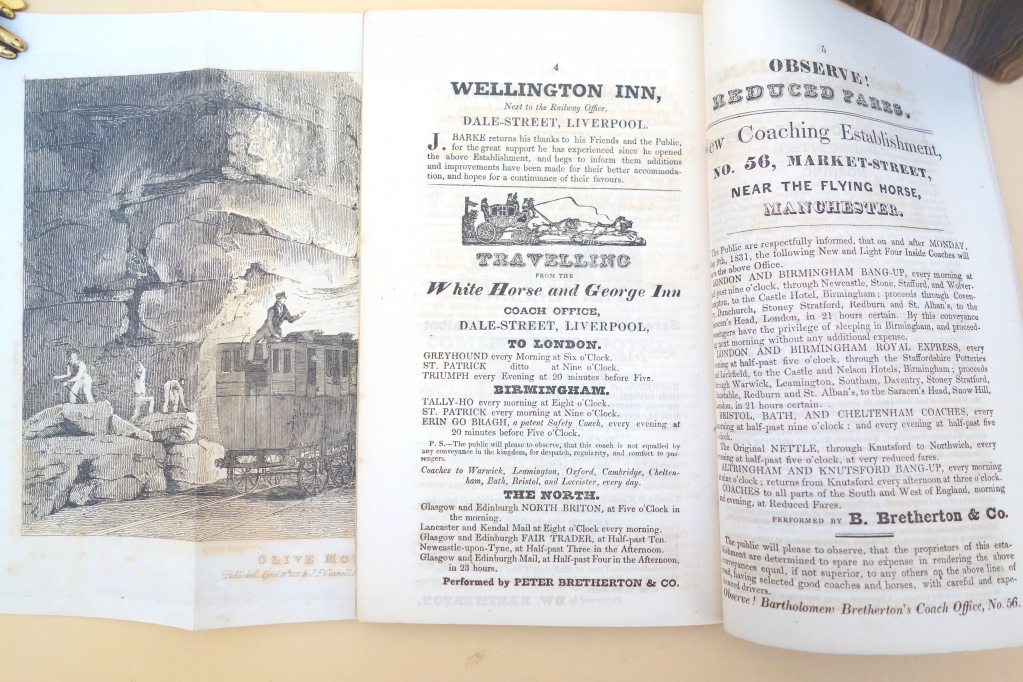 The ads for additional transportation in this guide all describe horse-drawn services as the Liverpool & Manchester was then virtually the only steam-driven railroad carrying passengers.