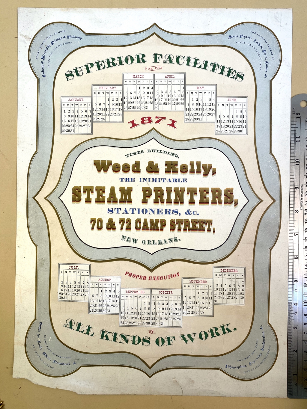 Weed & Kelly, the Inimitable Steam Printers, 1871 Calendar