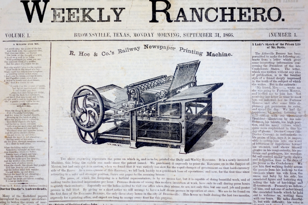 Weekly Ranchero issue no. 1 illustrating Hoe printing machine