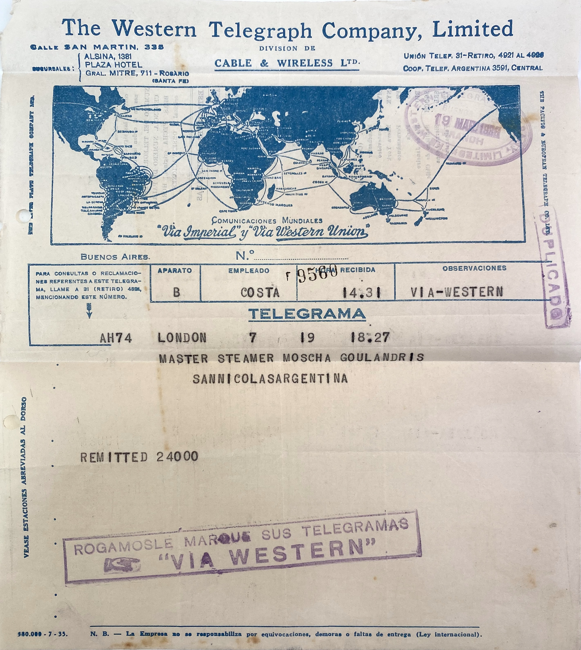Western Telegram form to Master of the S.S. Moscha Goulandris in Buenos Aires