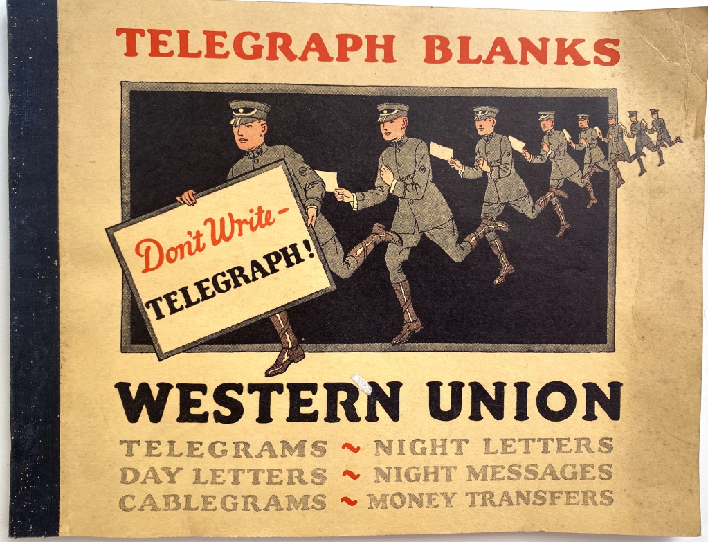 Cover of a book of Western Union telegram forms.
