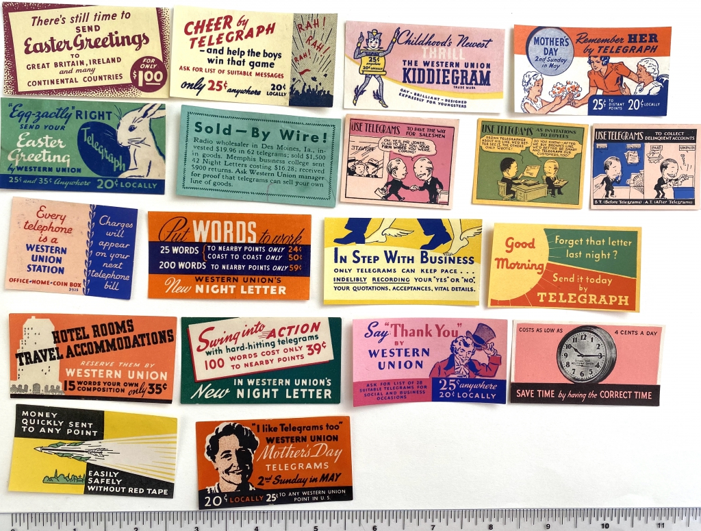 Collection of Western Union telegraph stickers that could be pasted to telegrams when they were delivered or mailed.