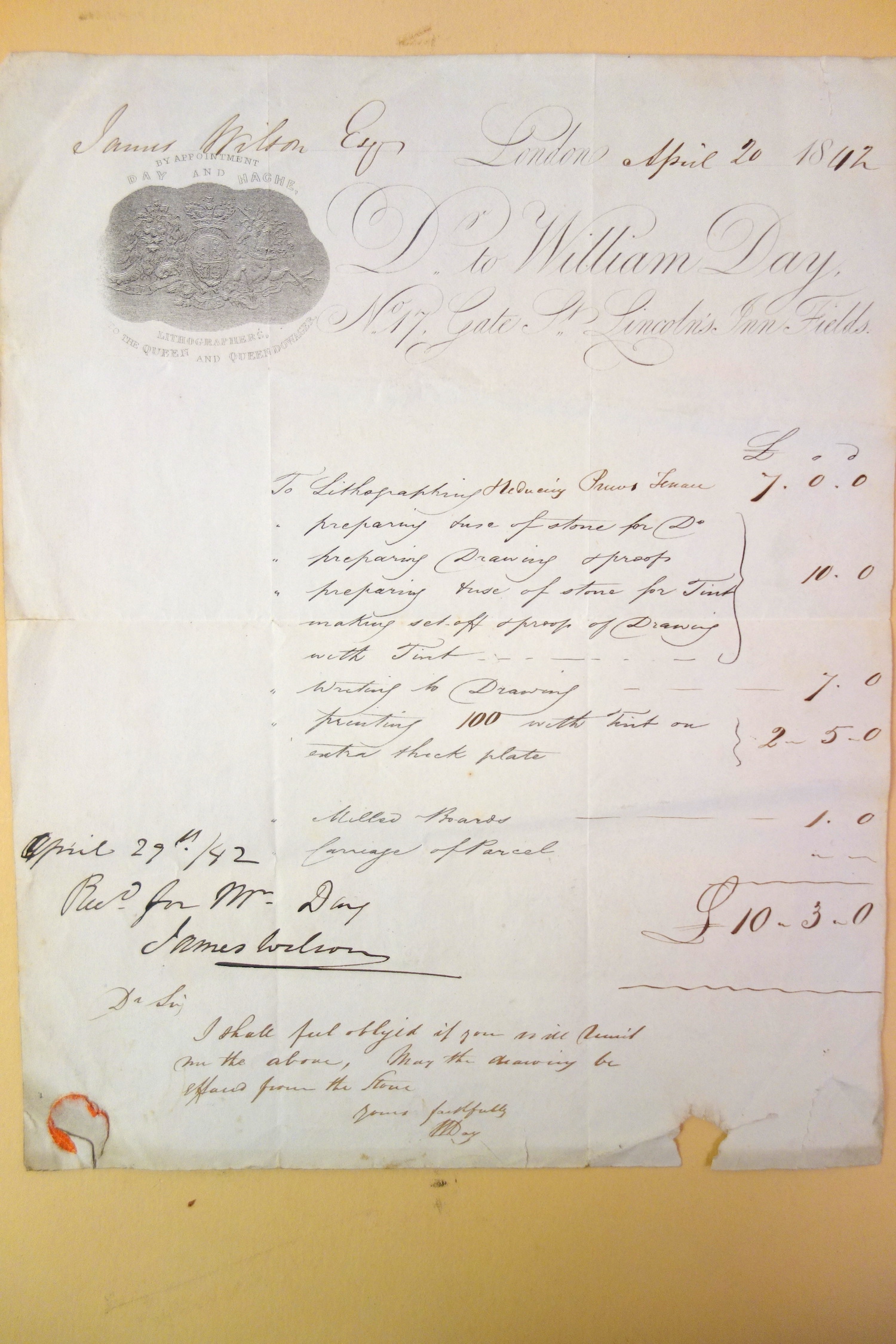 William Day lithography invoice