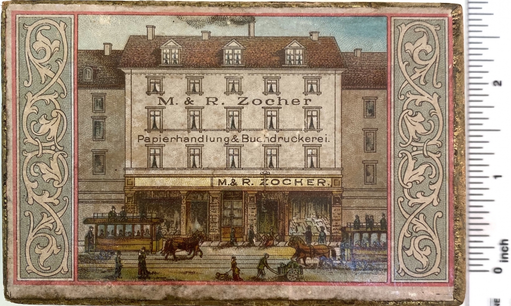 Top of M & R Zocher card box advertising the company and its facilities.