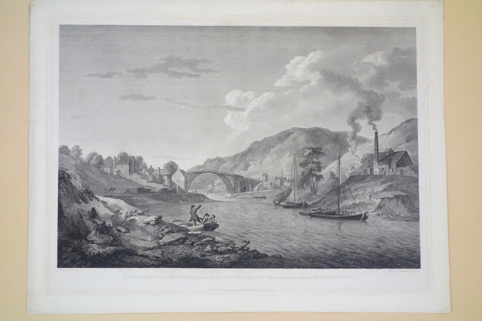A View of the Iron Bridge, in Coalbrook DALE, SHROPSHIRE, Taken from the bottom of LINCOLN HILL (1788) engraved by Francis Grisham after George Robertson.