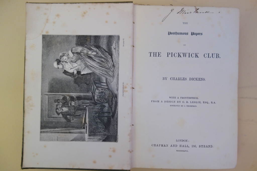 Dickens was careful to make sure that all the illustrations used in the "Cheap Edition" were different from those in the original editions. In his letter to Chapman he states that he will have the new frontispiece done for Pickwick "without loss of time."