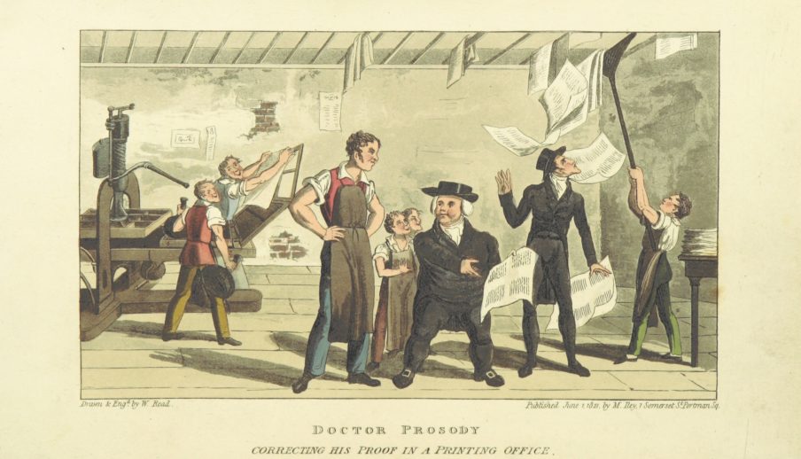 Doctor Prosody Correcting his Proof in a Printing Office (1821); a rendition of a Stanhope press in use is on the left.