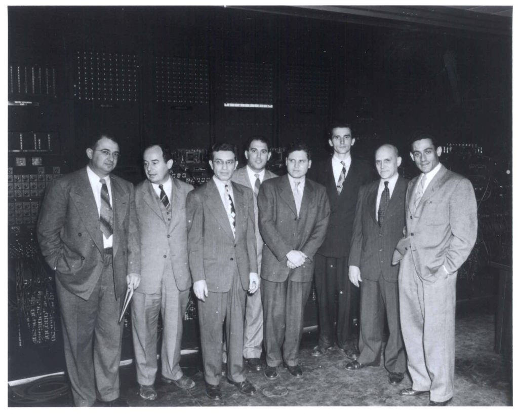 ENIAC group in 1950, including von Neumann (second to left) and Jule Charney (far right) 