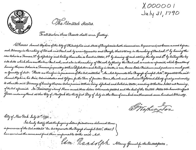 The first U.S. patent, signed by George Washington.