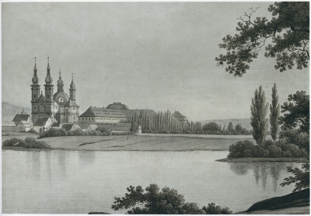 Lithograph by Richter of the cloister at Münsterschwarzach where Koenig & Bauer established their paper company. From A.F. Bauer 1783 bis 1860 (Wurzburg: Koenig & Bauer, 1960) p. 27.