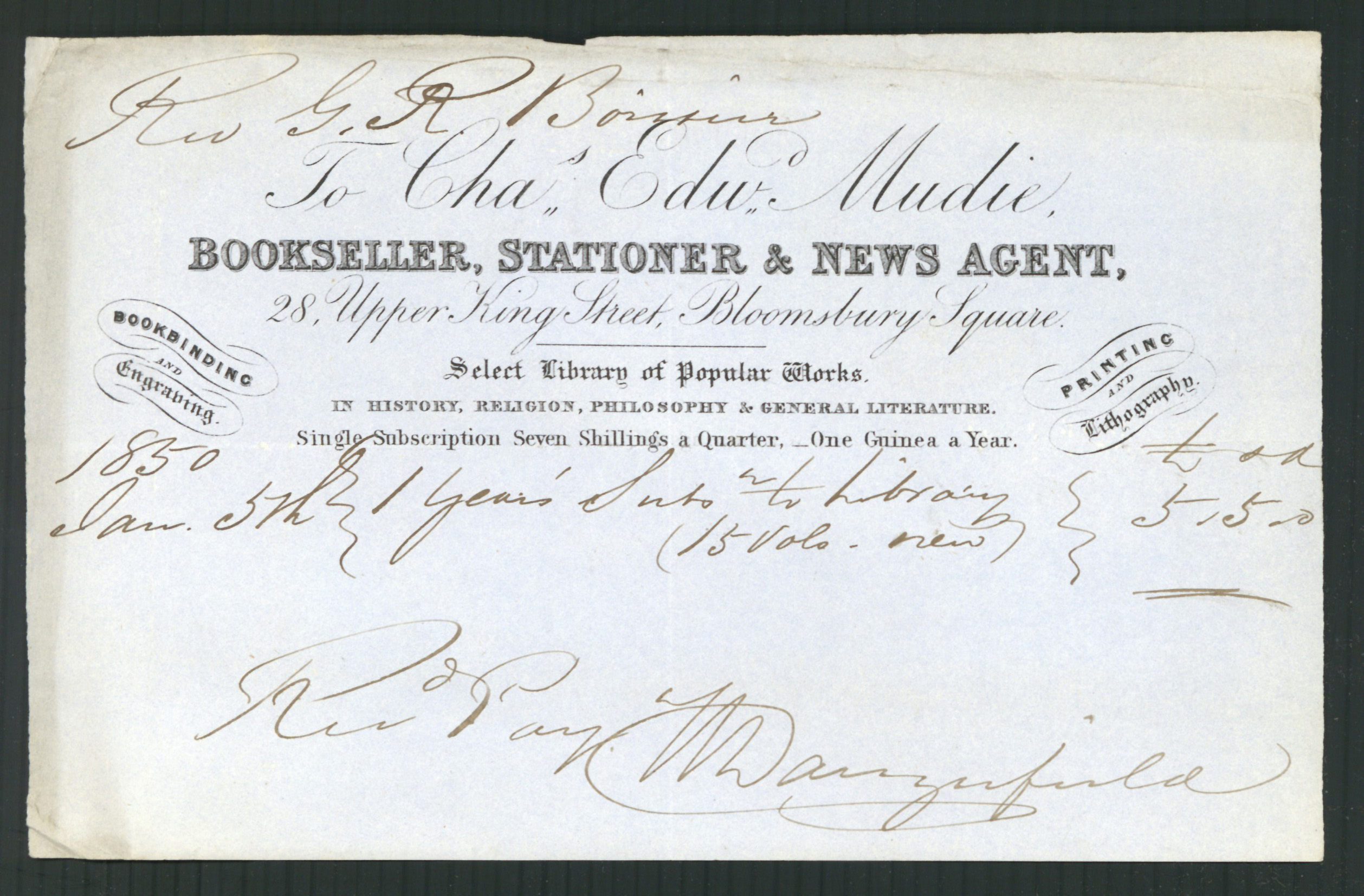 A Charles Edward Mudie invoice for a deluxe annual subscription to the rental library. 