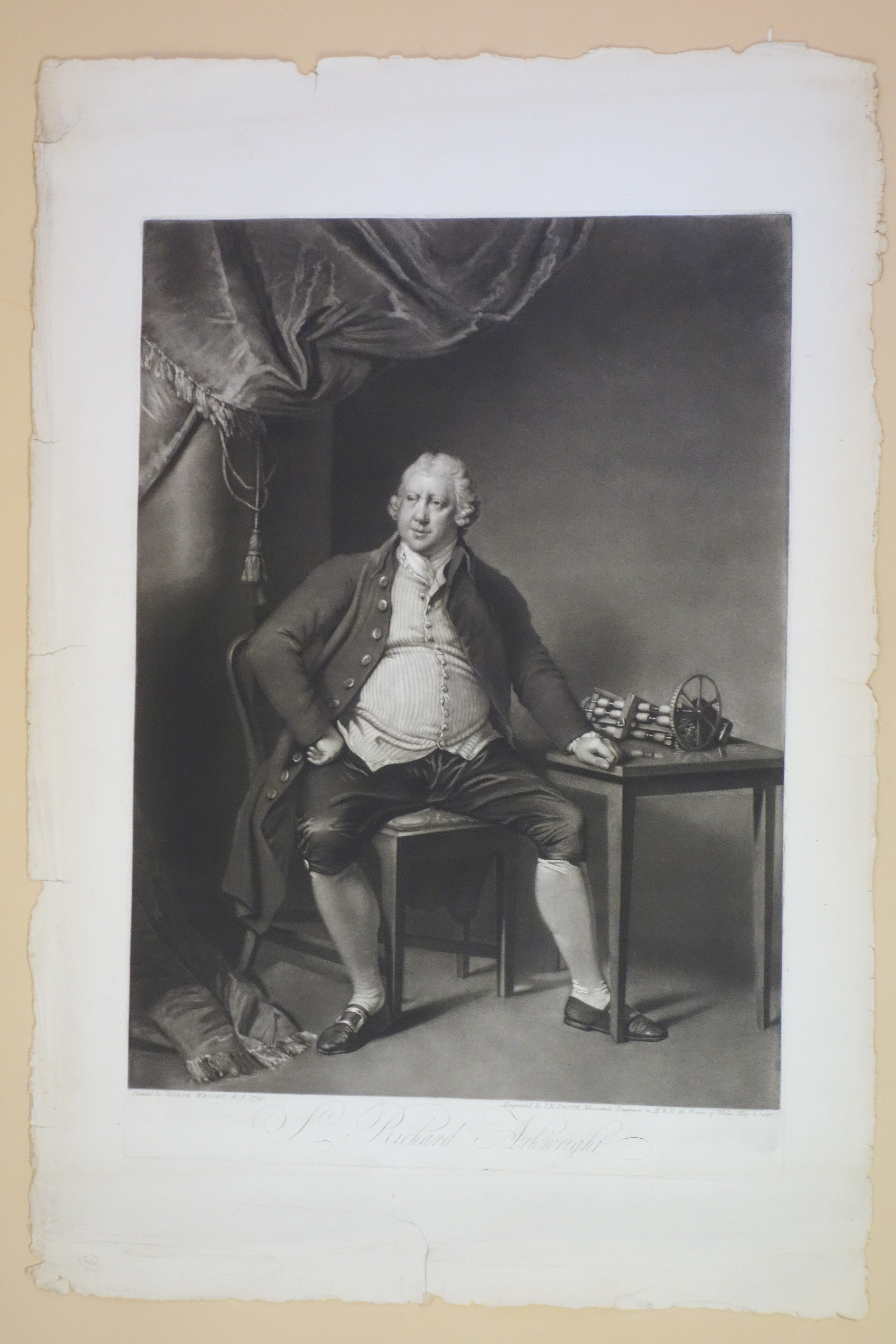 Large folio mezzotint engraved by I. R. Smith of the portrait of Richard Arkwright by Joseph Wright of Derby, 1801. This copy is on an untrimmed sheet.
