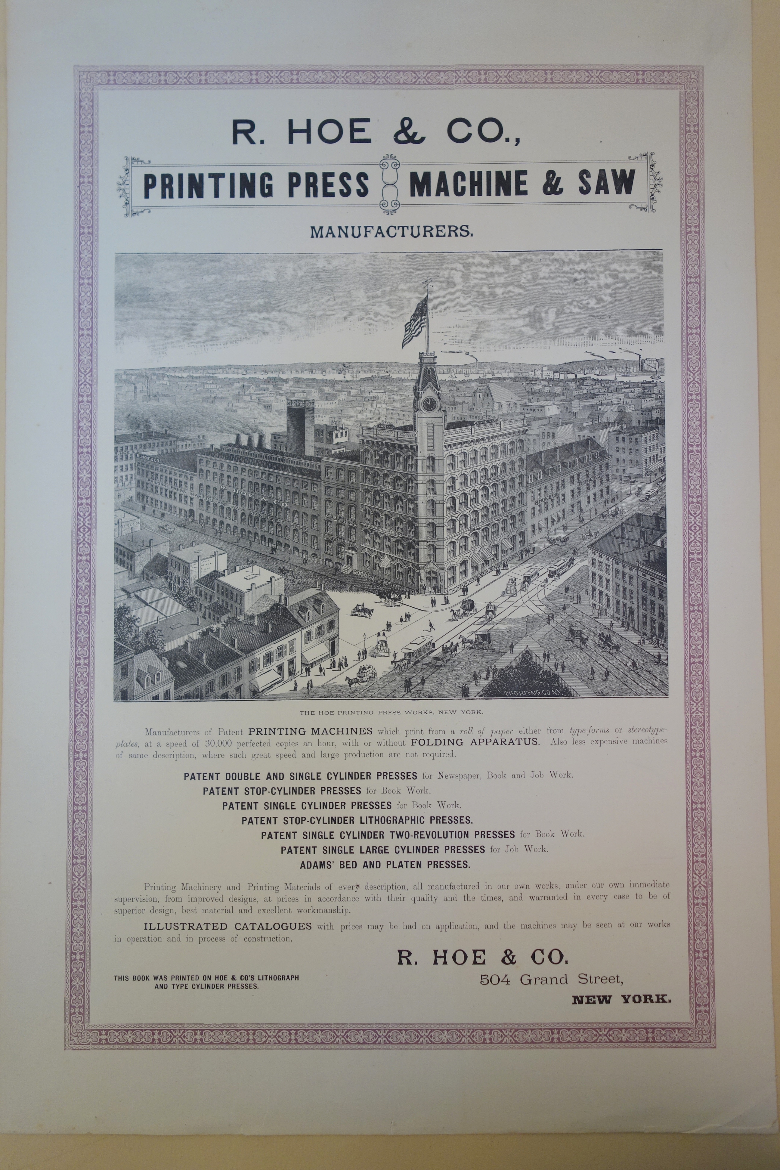 A poster describing the products manufactured by Robert Hoe