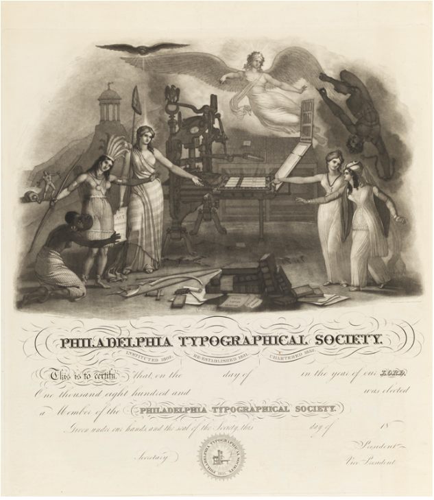 Certificate dated 1864 by John Sartain (1808-1897). This combines several techniques: etching, mezzotint, engraving, and stipple on cream wove paper. The iron handpress is of the American Columbia design widely used at the time.