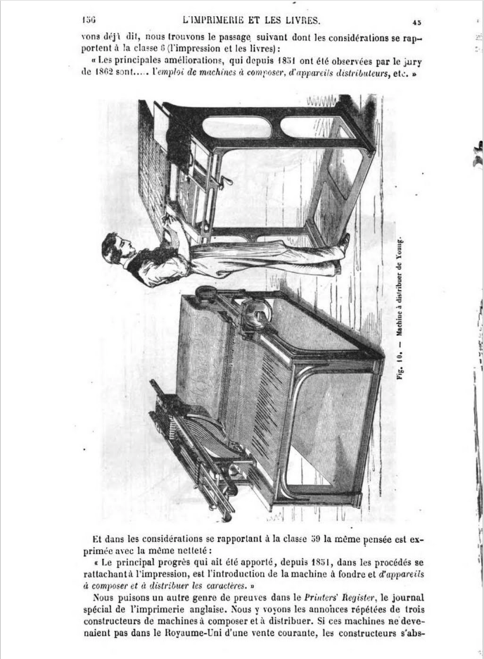  The images shows Young's attempt at a type distribution machine from Lacroix (1868).