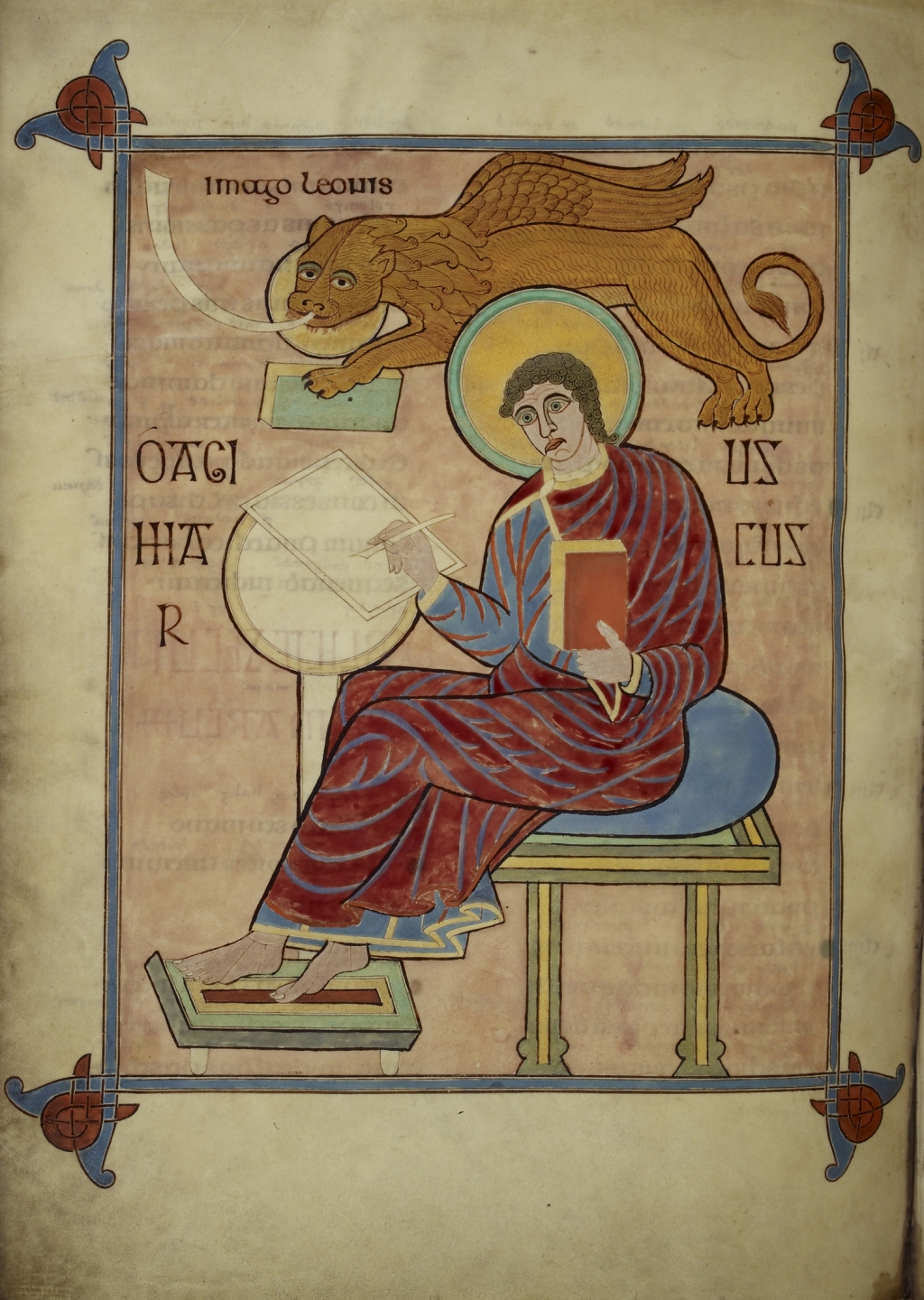 
St.Mark, seated, with his symbol, a winged lion blowing a trumpet and carrying a book

 