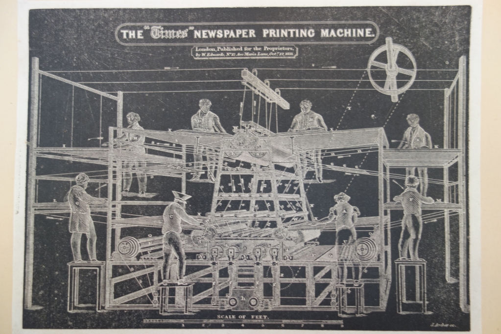 Published by The Times in 1833; the machine was invented by Applegath & Cowper in 1827 and made operational in 1828.
