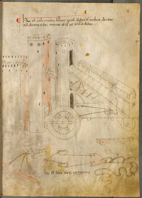 Folio 2r of Bellicorum instrumentorum liber, showing an 'Oriental siege machine.' (View Larger)