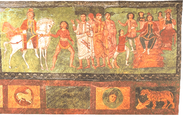 A Frescoe found in Dura Europos depicting scenes from the Book of Ester. (View Larger)