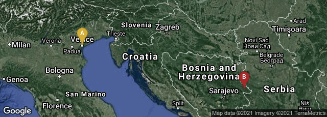 Detail map of Venezia, Veneto, Italy,Srebrenica, Republika Srpska, Bosnia and Herzegovina