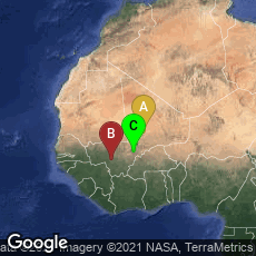 Overview map of Timbuktu, Tombouctou Region, Mali,Dar Salam, Bamako, Bamako Capital District, Mali,Farmantala, Djenne, Mopti Region, Mali