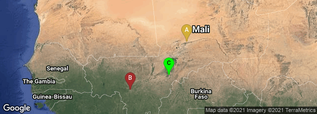 Detail map of Timbuktu, Tombouctou Region, Mali,Dar Salam, Bamako, Bamako Capital District, Mali,Farmantala, Djenne, Mopti Region, Mali