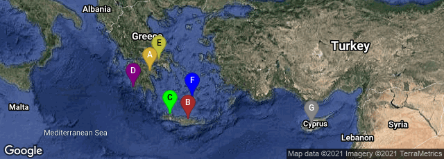 Detail map of Greece,Knosos, Greece,Chania, Greece,Pilos, Greece,Thiva, Greece,Thira, Greece,Lefkoşa kazası, Cyprus