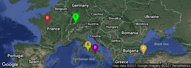 Detail map of İstanbul, Turkey,Tours, Centre-Val de Loire, France,Reichenau, Reichenau, Baden-Württemberg, Germany,Benevento, Campania, Italy,Grottaferrata, Lazio, Italy